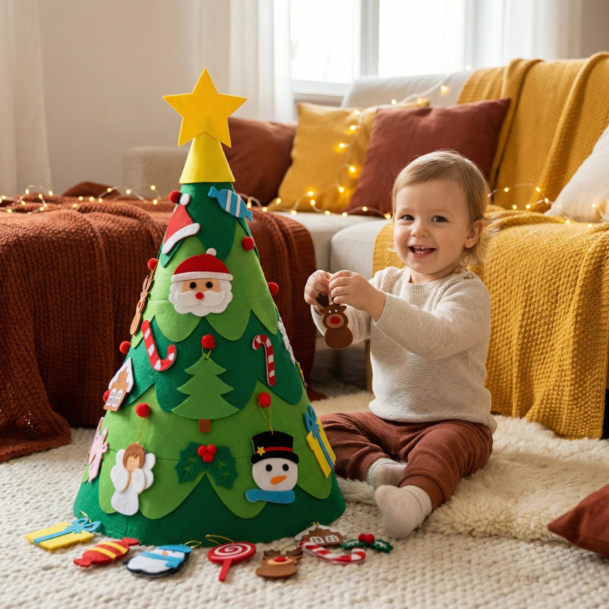 Montessori 3D Felt Christmas Tree with detachable ornaments, designed for child-friendly holiday decor and creative play, featuring vibrant colors and safe materials. 0